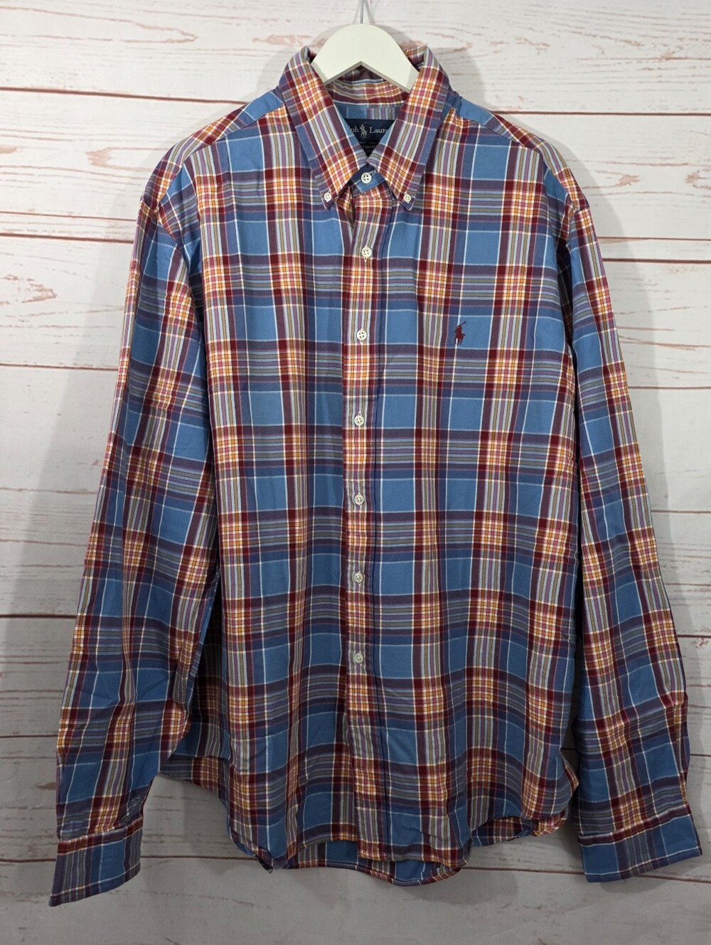Ralph Lauren Men Shirt Size XXL Flannel Red Blue Plaid Button Front Custom Fit